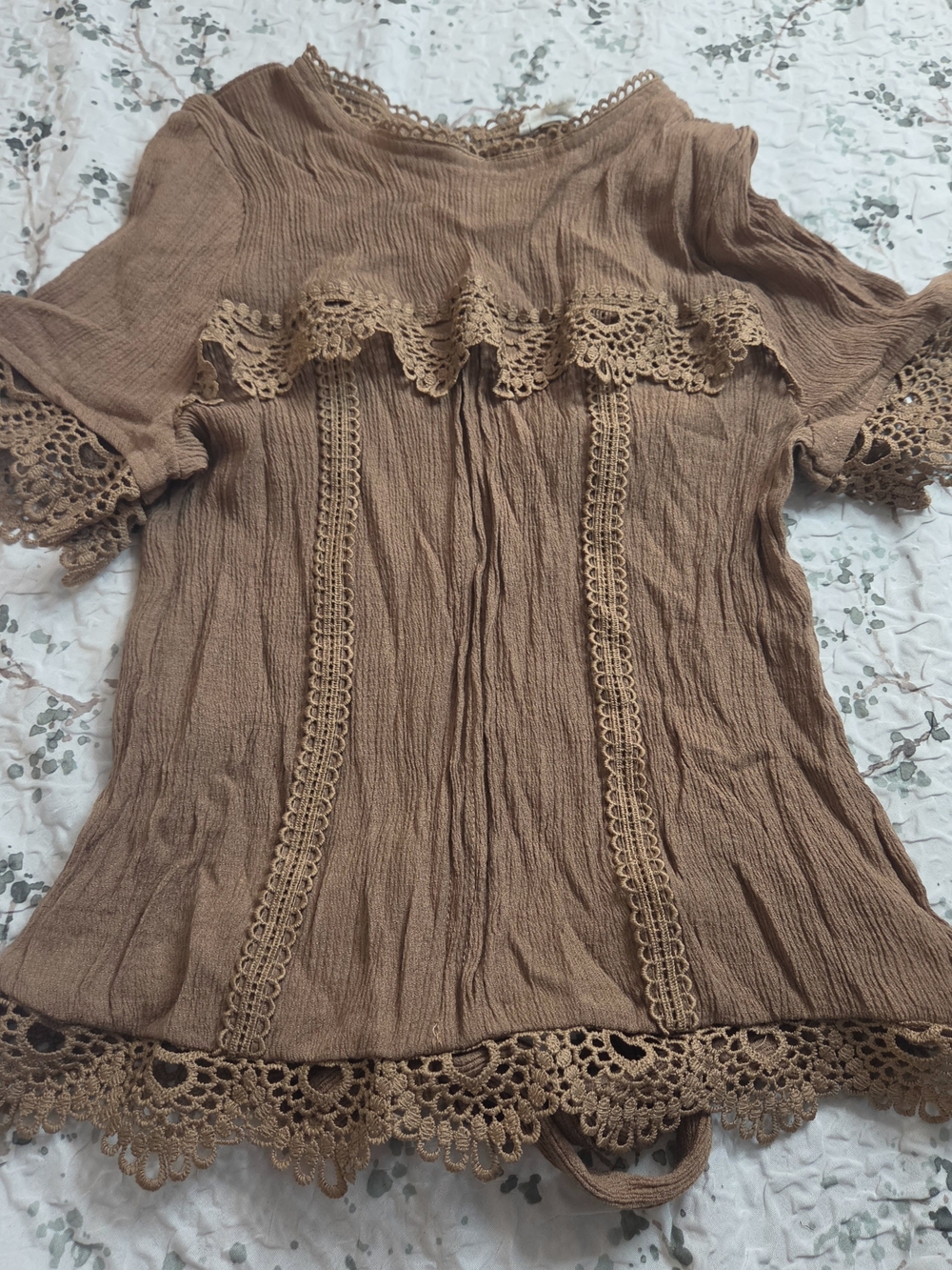 mine Brown Crochet-Trim Peasant Blouse